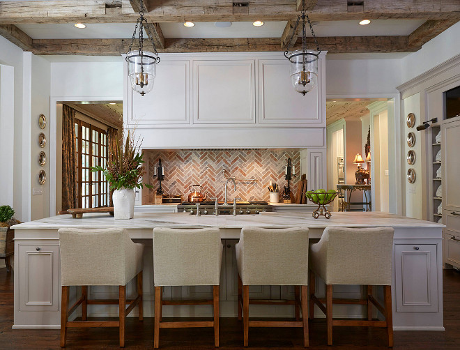 Traditional Off-White Kitchen with Brick Backsplash. Off-White Kitchen with Brick Backsplash and reclaimed wood beamed ceiling. #TraditionalKitchen #OffWhiteKitchen #OffWhite #Kitchen #Brick #Backsplash Cantley & Company, Inc.