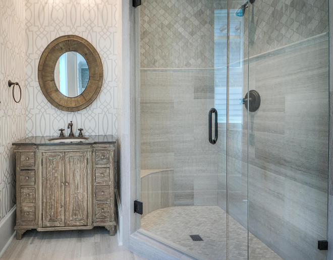 Bathroom with reclaimed wood vanity. Bathroom with reclaimed wood vanity and wallpaper. Bathroom with reclaimed wood vanity #Bathroom #reclaimedwoodvanity Blake Morar - The Morar Group.