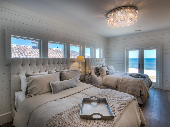 Bedroom. Guest bedroom with white shiplap walls and a pair of queen tufted linen beds from Restauration Hardware. #Bedroom #GuestBedroom #TuftedBed #RestorationHardware #Furniture