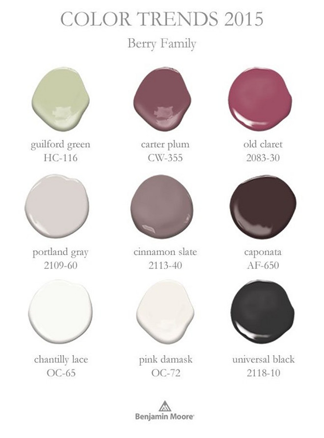 Benjamin Moore Color Trends. Benjamin Moore Guilford Green HC-116. Benjamin Moore Carter Plum CW-355. Benjamin Moore Old Claret 2083-30. Benjamin Moore Portland Gray 2109-60. Benjamin Moore Cinnamon Slate 2113-40. Benjamin Moore Caponata AF-650. Benjamin Moore Chantilly Lace OC-65. Benjamin Moore Pink Damask OC-72. Benjamin Moore Universal Black 2118-10. #BenjaminMoore #ColorTrends