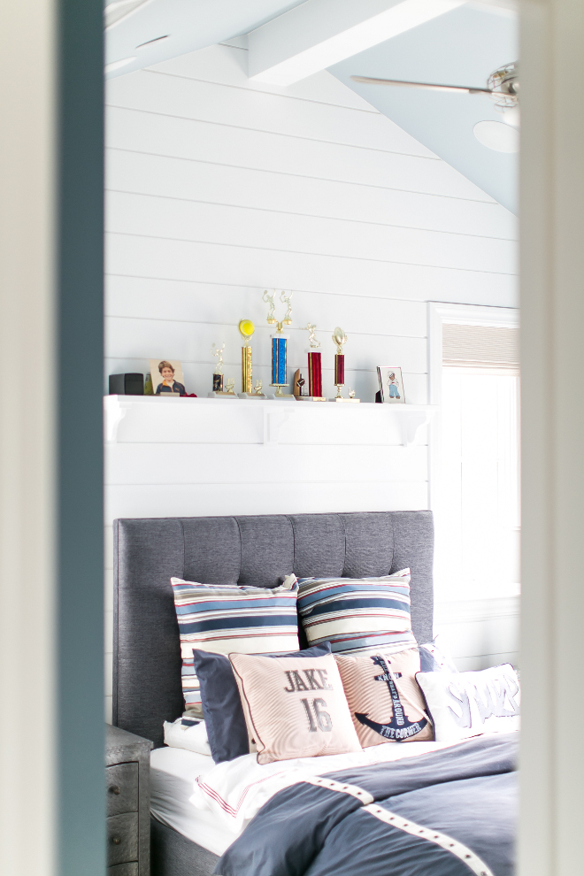 Boys Bedroom with shiplap walls. The charcoal upholstered bed was custom made by the designer. #boysbedroom Churchill Design. 