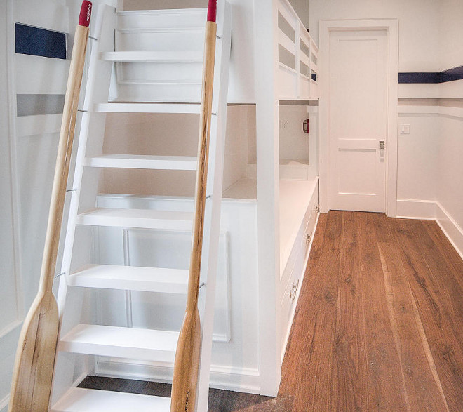 Bunk bed Stair Railing. Bunk bed Stair Railing Ideas. Coastal bunk room with boat oars used as railing on bunk beds. #Bunkroom #Bunkbeds #Bunkbedrailing #bunkbed #stairrailing