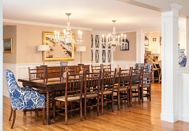 Dining Room Wainscoting. Dining room with wainscoting walls and grasscloth wallpaper above wainscoting. #DiningRoom #Wainscoting