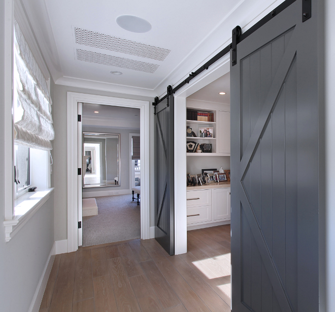  Benjamin Moore Kendal Charcoal. Gray Barn Door Paint Color. Benjamin Moore Kendal Charcoal. Barn doors conceal a home office located just outside the master bedroom. The charcoal gray barn doors are painted in Benjamin Moore Kendal Charcoal – Semi Gloss finish. #BenjaminMooreKendalCharcoal Patterson Custom Homes