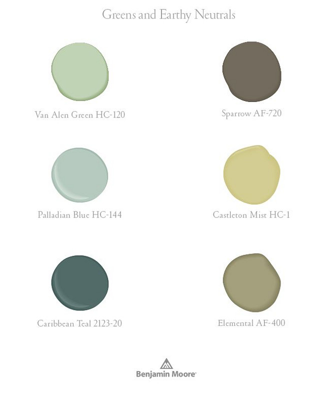 Greens and Turquoises Paint by Benjamin Moore. Greens and Neutrals by Benjamin Moore: Benjamin Moore Van Alen Green HC-120. Benjamin Moore Sparrow AF-720. Benjamin Moore Palladian Blue HC-144. Benjamin Moore Castleton Mist HC-1. Benjamin Moore Caribbean Teal 2123-20. Benjamin Moore Elemental AF-400.