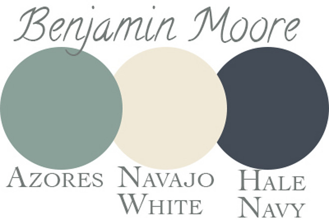 Home Exterior Color Palette. Benjamin Moore Azores, Navajo White, Hale Navy. Via Nola Kim