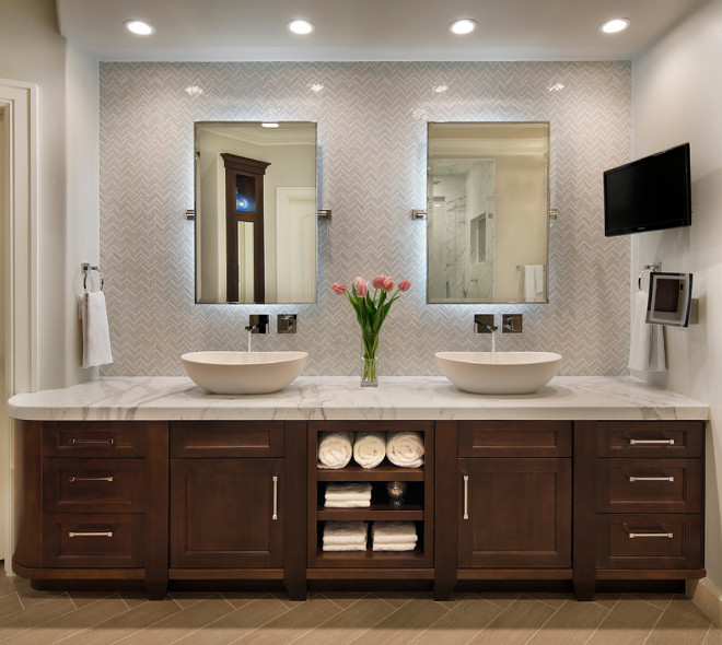 Led Bathroom Mirror. Bathroom with Led Strip Lighting behind Mirrors. #LedMirrors #Bathroom #Mirror #LedStripLighting Allwood Construction Inc