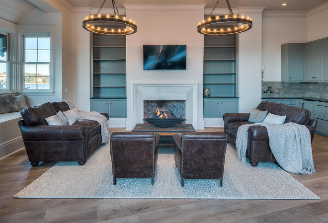 Living room lighting. Double chandeliers in living room. Chandeliers are Roark 40 Chandelier in Vintage Oak. #Chandeliers #Roark40Chandelier #VintageOak