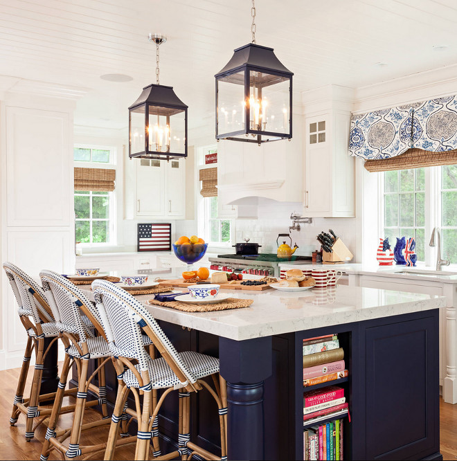 Navy kitchen island. The navy island paint color is Ralph Lauren Club Navy. The countertops are Lyra Silestone and they look like Carrara marble, but it's much more durable. #kitchen #navyisland #countertop #Lyra #Silestone #quartz #marblelike #marblelikequartz #RalphLaurenClubNavy #paintcolor Violandi + Warner Interiors