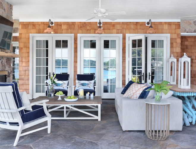 Patio. Shingle beach house Patio with coastal inspired furniture and decor. #Patio Amy Studebaker Design