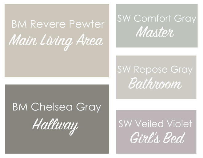 Revere Pewter by Benjamin Moore Coordinating Paint Color. Revere Pewter by Benjamin Moore Coordinating Paint Color: Main Living Area: Benjamin Moore Revere Pewter. Master Bedroom: Sherwin Williams Comfort Gray. Hallway: Benjamin Moore Chelsea Gray. Bathroom: Sherwin Williams Repose Gray. Girl's Bedroom: Sherwin Williams Veiled Violet. Via This Bold Home