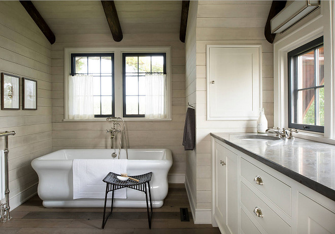 Rustic Bathroom. Rustic Bathroom with shiplap walls. Rustic Bathroom with shiplap walls and reclaimed plank floors. #RusticBathroom #Bathroom . #shiplap #walls #rusticplank #rusticplankfloors #rusticplankflooring Rehkamp Larson Architects, Inc