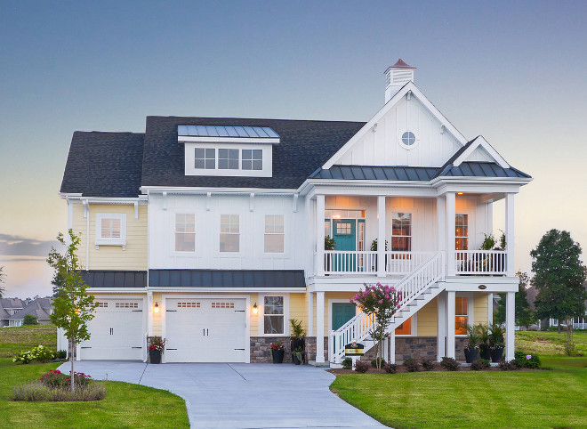 Second story front door with turquoise front door and yellow siding. Home Exterior #Secondstoryfrontdoor #turquoise #frontdoor Schell Brothers