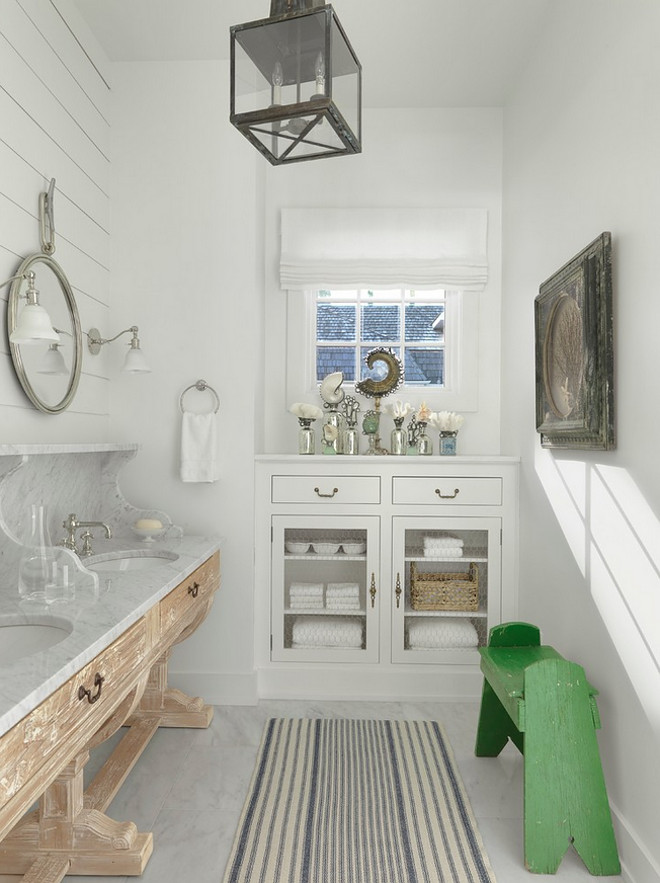 Shabby chic bathroom. Shabby chic bathroom with custom whitewashed white oak vanity and marble. #Bathroom #Shabbychic Amy Studebaker Design