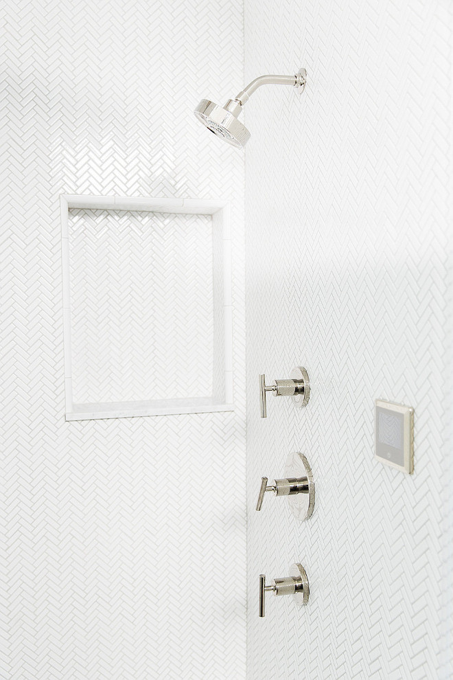 Shower Tile. Shower Tile Ideas. White Shower Tile. Tile is Ann Sacks Savoy Mosaics in Herringbone. #Bathroom #Tile #ShowerTile #Shower #AnnSacks #SavoyMosaics #Herringbone. Studio McGee.