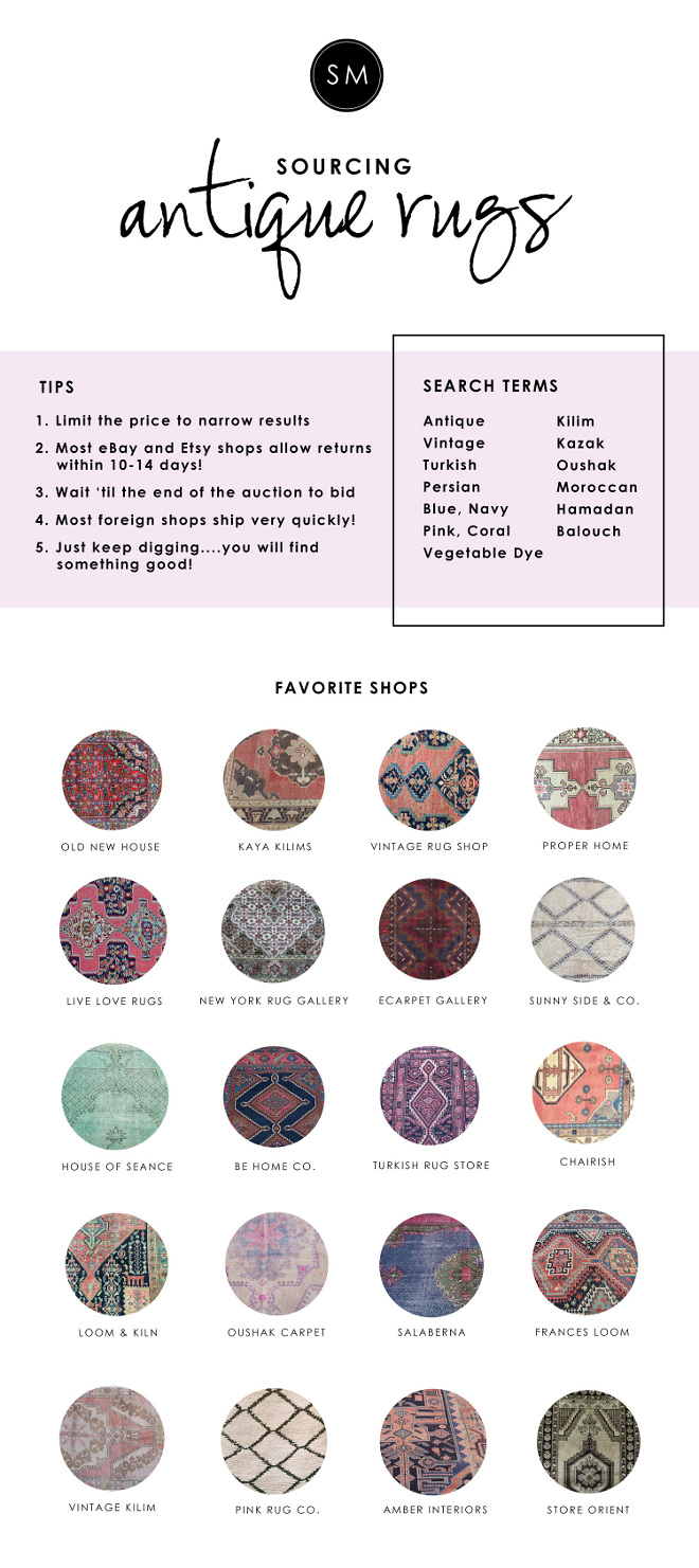 Sourcing Antique Rugs and Runners. Antique Vintage Rugs, Vintage Runners. It's no secret that we love vintage and antique rugs. We use them in an at least one room of every project! They add warmth, color, and character to any style. The thing with finding vintage rugs is that they require lots of digging! This list of vintage rugs and runners should be helpful! #Vintage #runner #antique #rugs #vintagerunner #vintagerug Via Studio McGee.