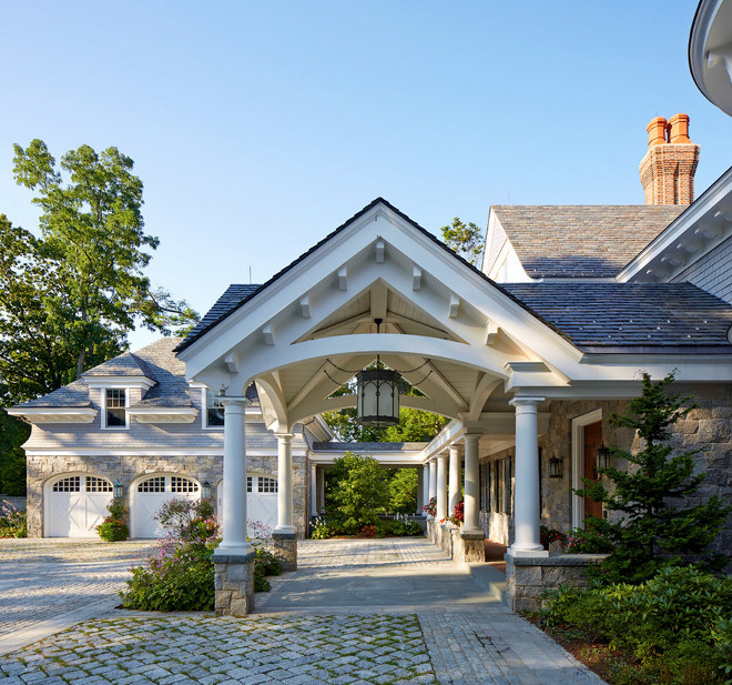 Stone and shingle exterior. Home exterior with field stone exterior and shingles. Stone driveway. Brooks and Falotico Associates, Inc.