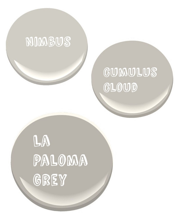 Three Gray Paint Colors to Keep in Mind for your Next Home Renovation. Benjamin Moore Nimbus Gray. Benjamin Moore Cumulus Cloud. Benjamin Moore La Paloma Gray.Brick & Mortar.