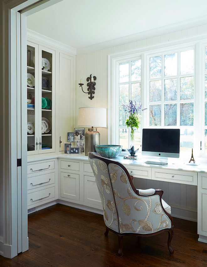 Traditional Home Office. Traditional home office with built in desk painted in Cantley White and Antique French White Oak Hardwood Flooring #Homeoffice #TraditionalHomeOffice #TraditionalInteriors