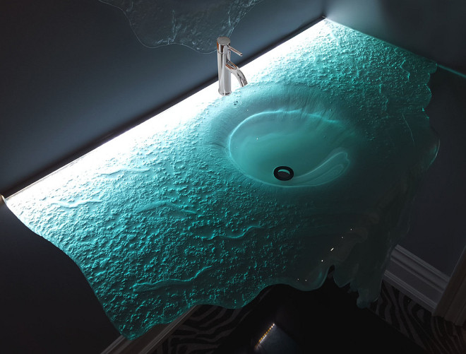 Waterfall glass sink, semi-frost finish with LED light. CBD Glass Studios