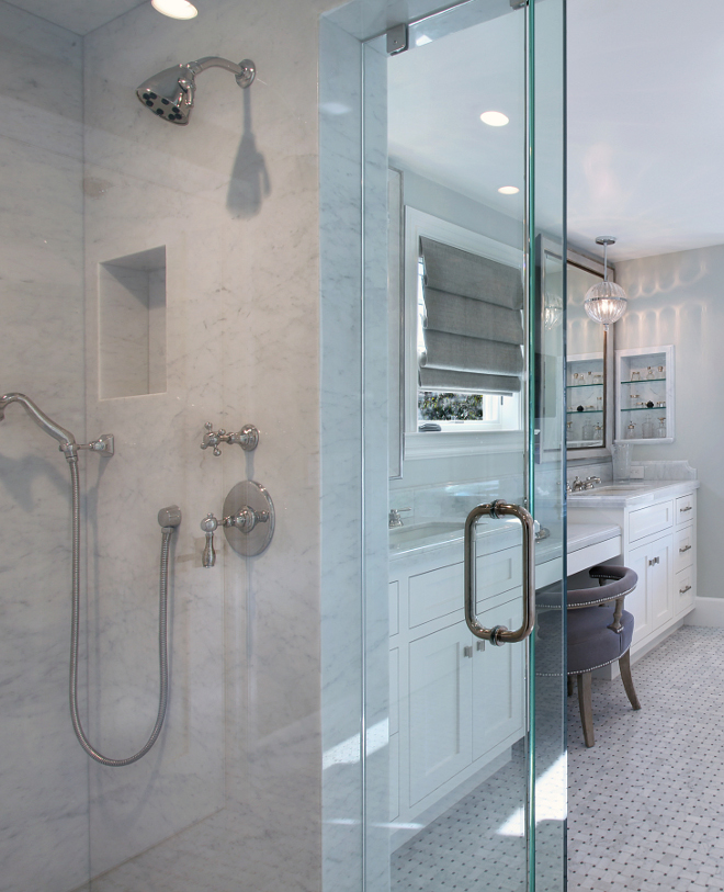 Shower marble slab. Shower walls, ceiling and bench are Carrara slab. #Shower #marble #slab #Carrara Patterson Custom Homes