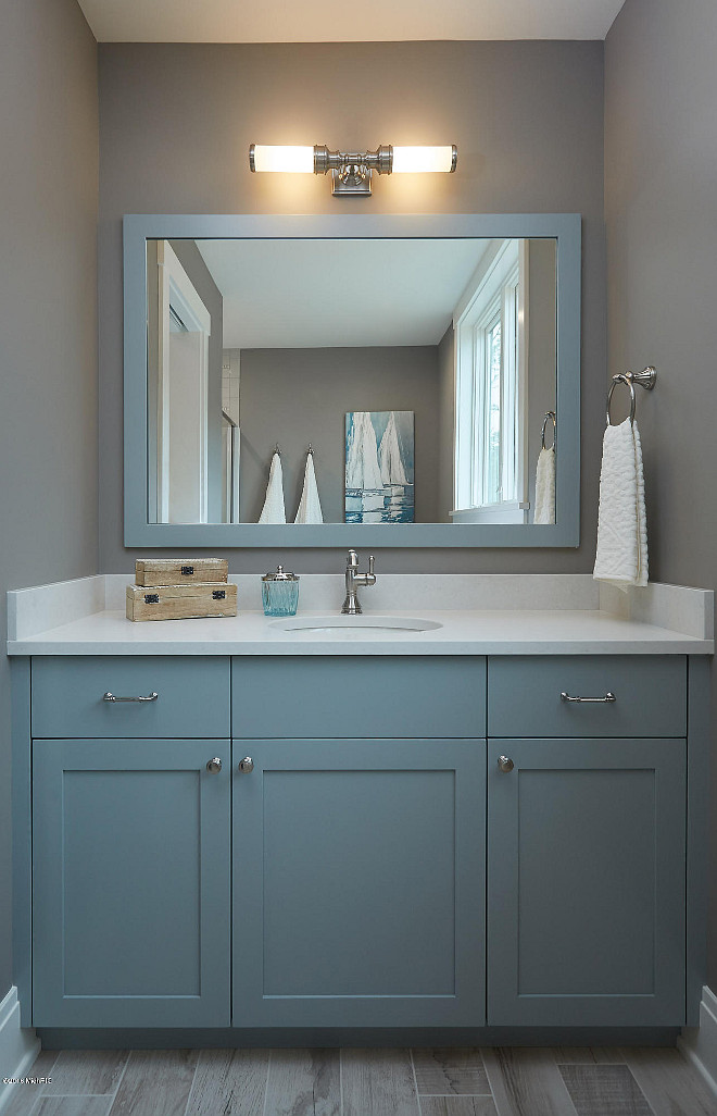 Benjamin Moore HC-165 Boothbay Gray. Cabinet paint color is Benjamin Moore HC-165 Boothbay Gray. Wall paint color is Benjamin Moore River Reflections. Benjamin Moore HC-165 Boothbay Gray #BenjaminMooreHC165BoothbayGray #BenjaminMooreRiverReflections