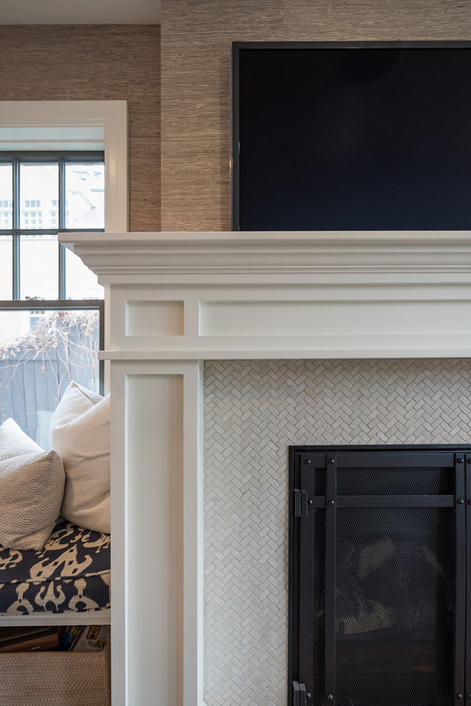 Fireplace tile ideas. Affordable fireplace tile. This herringbone mini tile is an affordable choice for fireplace surround tile. #fireplace #tile #affordabletile #herringbonetile #minitile Northstar Builders, Inc. 