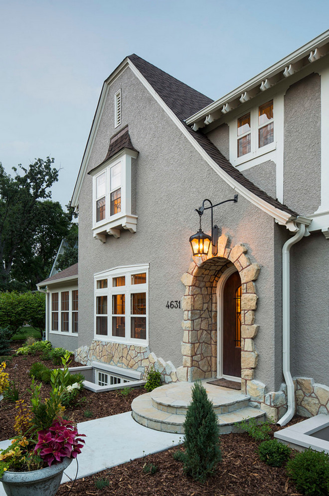 Grey exterior paint color. Benjamin Moore Stonington Gray and trim is Benjamin Moore White Dove. The exterior stucco color is Benjamin Moore Stonington Gray and trim is Benjamin Moore White Dove. Renae Keller Interior Design, Inc.