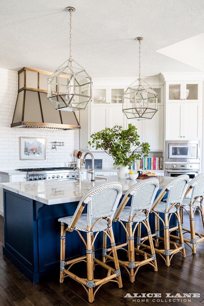 Kitchen Island featuring Morris Lantern. Kitchen with three Suzanne Kasler Morris Medium Lantern in Polished Nickel. Lighting Suzanne Kasler Morris 3 Light Foyer Pendant. #Lighting #SuzanneKasler #Morris 3Light #Pendant Alice Lane Home.