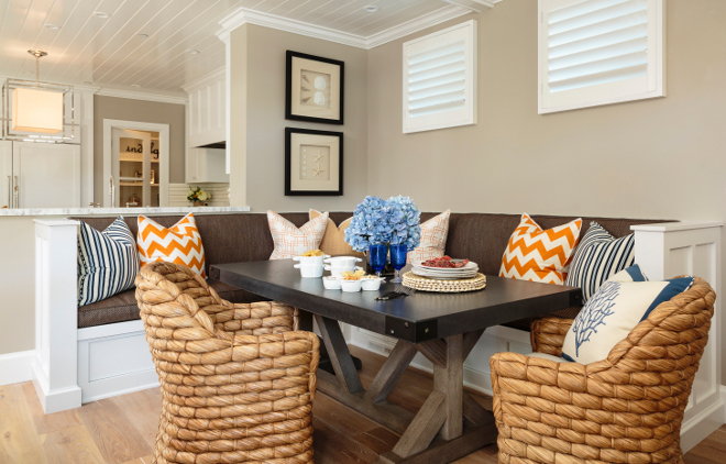 Banquette. Breakfast room banquette. Banquette millwork. Banquette in breakfast room. Isn't this breakfast room adorable? I'm loving this cozy nook, the built-in banquette and the decor. Chairs are "Ralph Lauren Joshua Tree Dining Chair" - $2,430 each. Designed by Barclay Butera. #Breakfastnook #Banquette #Millwork