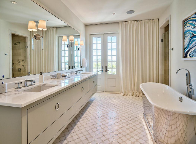 Bathroom Flooring. Bathroom floor tiles. Flooring is White Thassos Cirlce Pattern with Mosaic Tile. #bathroom #flooring #Floors #WhiteThassos #MosaicTile Interiors by Jan Ware Designs.
