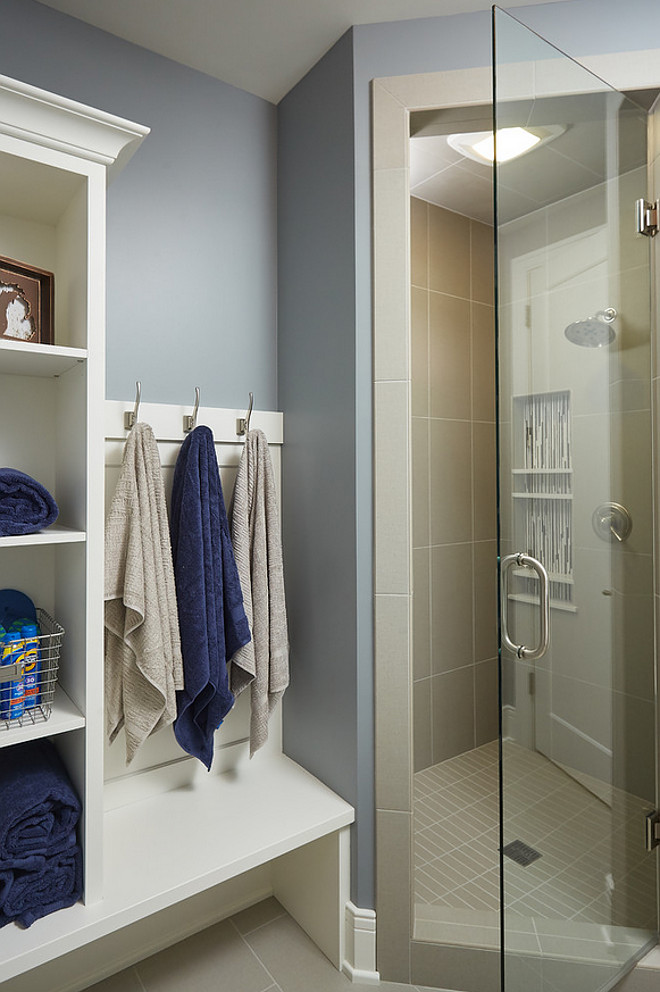 Bathroom Ideas. Beach house bathroom with towel rack and built-in towel cabinet, similar to mudroom cabinets. #bathroom #beachbathroom #bathroomcabinets #bathroomideas Mike Schaap Builders