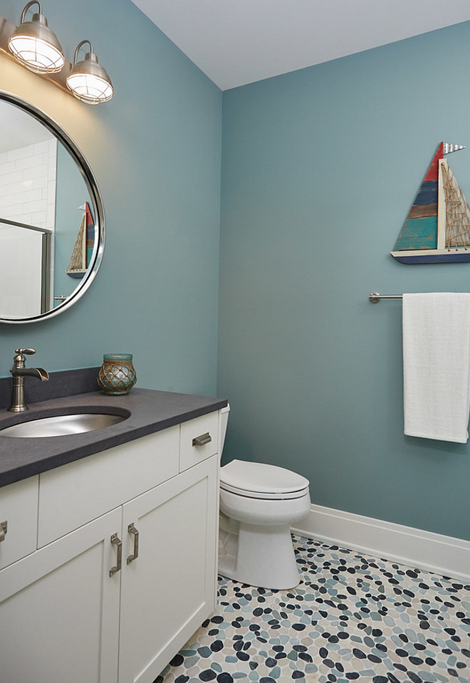 Bathroom River Rock, Pebble Flooring. Flooring is River Rock Stone Tile. Color is Turtle Pebble. Grout is TEC 910, Bright White. #Bathroom #RiverRock #Pebble #Flooring