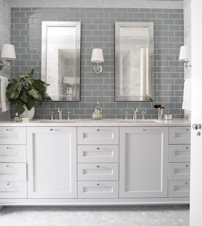 Bathroom Wall Tile and Floor Tile. Wall tile is 3x6” Grey glass tiles. The flooring is a Carrara Hexagon Tile. #Walltile #3x6 #Grey #glasstiles #flooring #Carrara #HexagonTile Heather Garrett Design