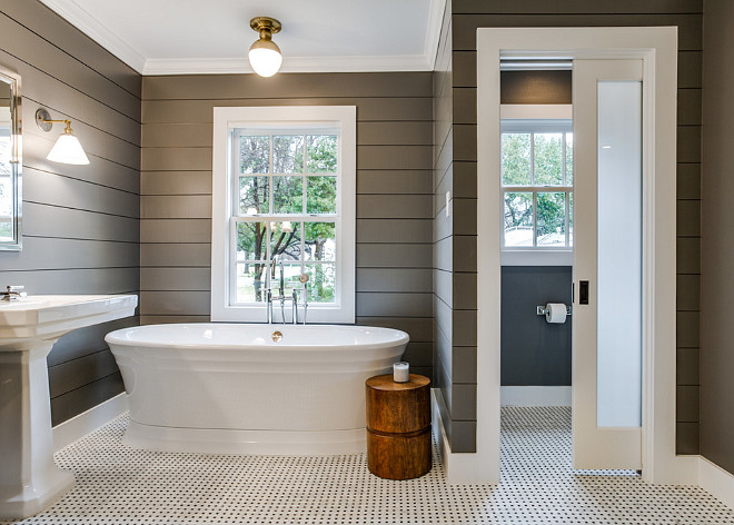 Bathroom grey shiplap. Bathroom grey shiplap walls. Bathroom grey shiplap wall ideas. Bathroom with dark grey shiplap. #Bathroom #greyshiplap #Bathroomgreyshiplap #bathroom #grey #shiplap Redo