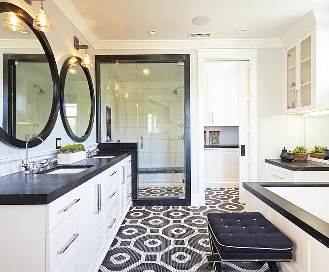 Black and white bathroom. Transitional black and white bathroom #bathroom #blackandwhite Brooke Wagner Design