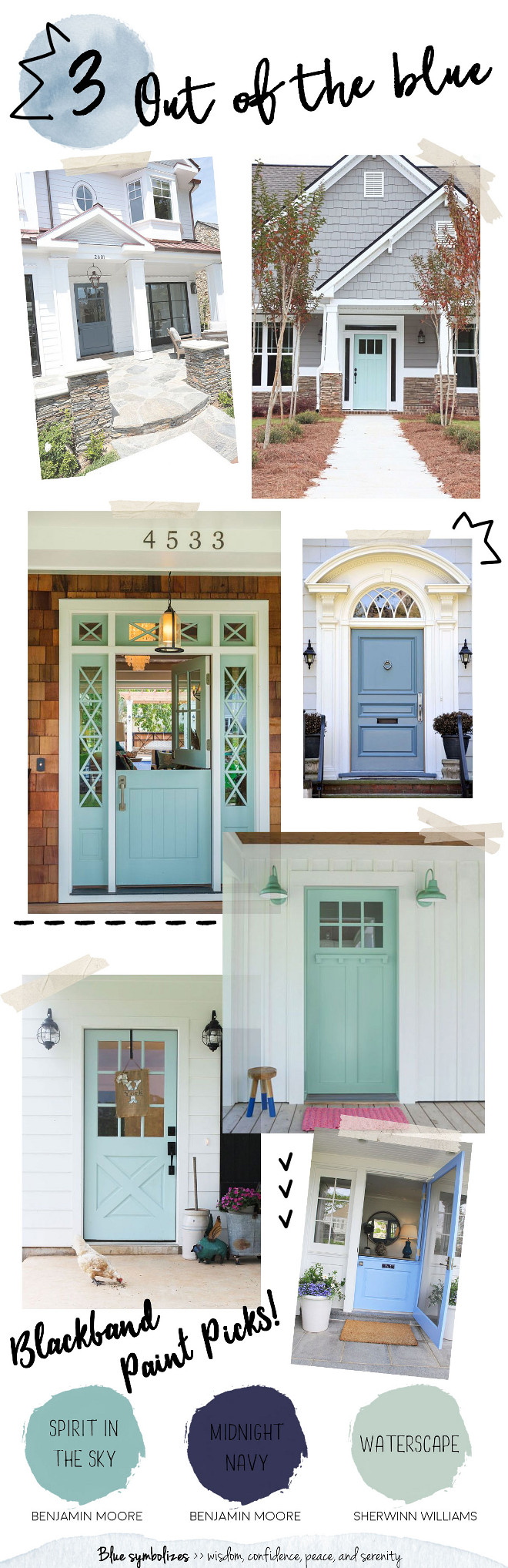 Blue Front Door Paint Colors. Benjamin Moore Spirit in the Sky by Benjamin Moore. Midnight Navy by Benjamin Moore. Waterscape by Sherwin Williams. Blue is strongly associated with tranquility and calmness, suggesting a serene retreat behind closed doors. #blue #frontdoor #paintcolor #BenjaminMooreSpiritintheSky #MidnightNavybyBenjaminMoore #WaterscapebySherwinWilliams Graystone Custom Builders. Blackband Design
