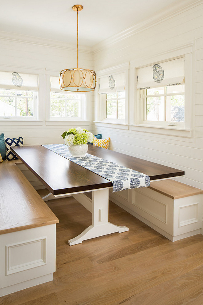 Breakfast nook with white oak hardwood floor and white oak banquette. Shiplap Breakfast nook with white oak hardwood floor and white oak banquette ideas #Breakfastnook #whiteoakhardwoodfloor #hardwoodfloor #whiteoak #banquette