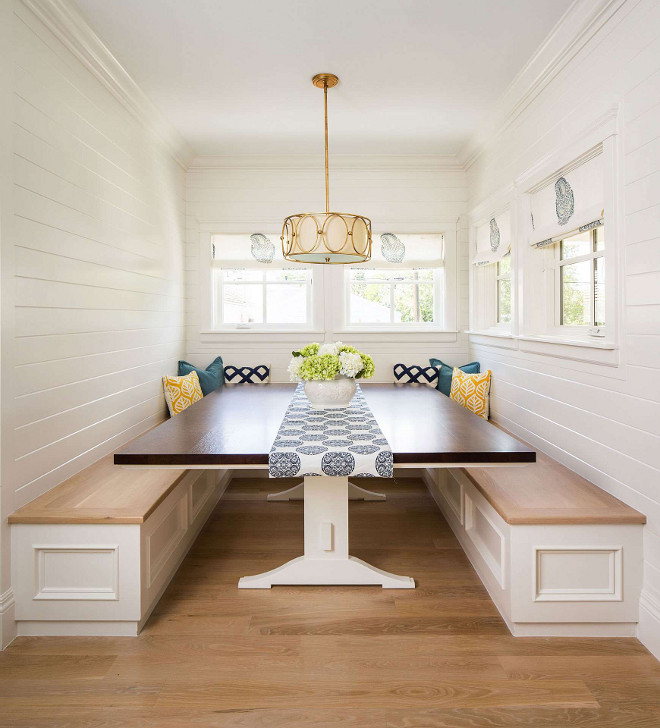  Shiplap Breakfast Nook. Shiplap Breakfast nook with white oak hardwood floor and white oak banquette. Shiplap Breakfast nook with white oak hardwood floor banquette ideas #Breakfastnook #whiteoakhardwoodfloor #hardwoodfloor #whiteoak #banquette #Shiplap #ShiplapBreakfastNook Fox Group Construction.