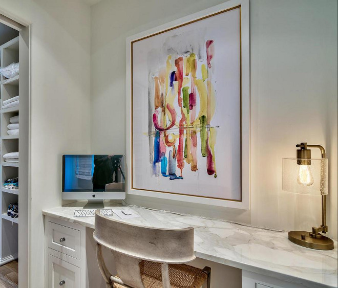 Built-in Desk. Master bedroom features a built-in desk just before entering the walk-in closet. #desk #masterbedroom Scenic Sotheby's Realty. Interiors by Jan Ware Designs.