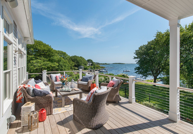 Deck Furniture. Deck features wicker furniture and cable railing. #deck #furniture #outdoors #cablerailing #decks Decking: Mahogany. Railing: Intex with mahogany cap & Atlantis cable rail. Caldwell & Johnson Custom Builders & Remodelers