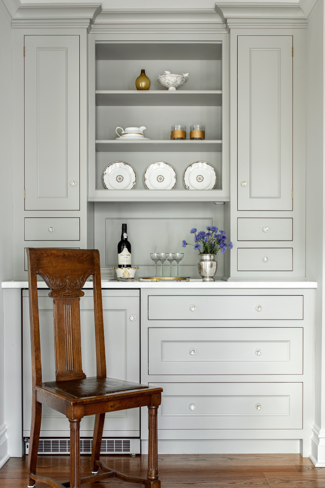 Dining room beverage built-in cabinet. Butlers pantry cabinet with beverage center is added to the dining room. The beverage center is close to the kitchen table and accessible tot he dining room for more formal entertaining. #beveragecenter #beveragecabinet Heidi Piron Design.