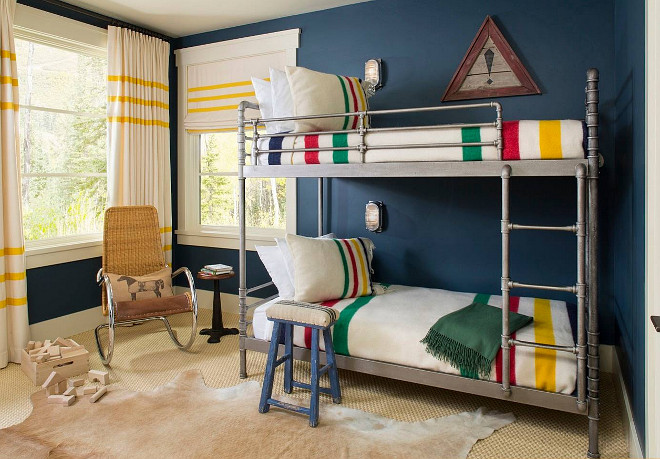 Farrow and Ball Hague Blue. Farrow and Ball Hague Blue. Bunk room paint color is Farrow and Ball Hague Blue. Bunk Beds are from Restoration Hardware. #FarrowandBallHagueBlue