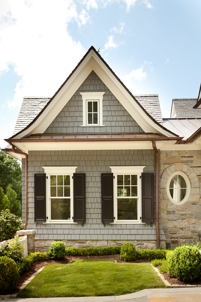 Grey shingles with white trim exterior. Shingles: Blue label, sawn cedar shingles. Shingle home shingle ideas. #shingle #shinglehomes #cedarshingles #grayshingles T.S. Adams Studio. Interiors by Mary McWilliams from Mary Mac & Co.
