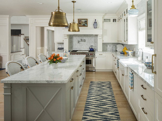 Kitchen Ideas. brass hardware brass lights carrara marble countertops grey cabinets marble countertops rug runner white cabinets white kitchen #kitchen