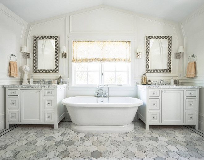 Large Hex Floor Tile. Bathroom Large Hex Floor Tile. Bathroom with Large Hex Floor Tile, vaulted ceiling and paneled walls. Large Hex Floor Tiles #LargeHexFloorTiles #HexFloorTiles #hextile #hex #tile Fox Group Construction