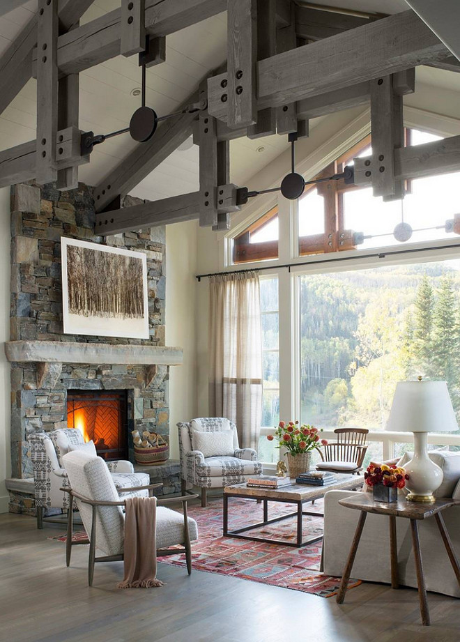 Mountain Home Living room flooring. The floors of this mountain home living room are specially treated white oak. A combination of bleaching product and then several stains were combined to achieve this effect. #MountainHome #livingroom #flooring Massucco Warner Miller Interior Design