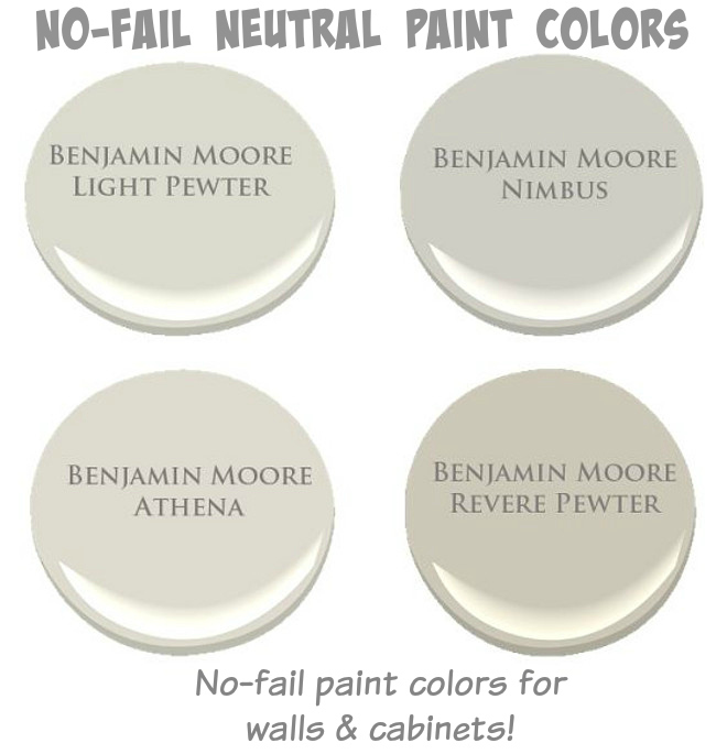 No-Fail Neutral Paint Colors. No-Fail Neutral Paint Colors for walls and cabinets. Benjamin Moore Light Pewter. Benjamin Moore Nimbus. Benjamin Moore Athena. Benjamin Moore Revere Pewter. #BenjaminMoorePaintColors #Nofailneutrals #Nofailpaintcolors #Cabinetnofailpaintcolor #neutralnofailpaintcolor #BenjaminMooreLightPewter #BenjaminMooreNimbus #BenjaminMooreAthena #BenjaminMooreReverePewter Via Home Bunch