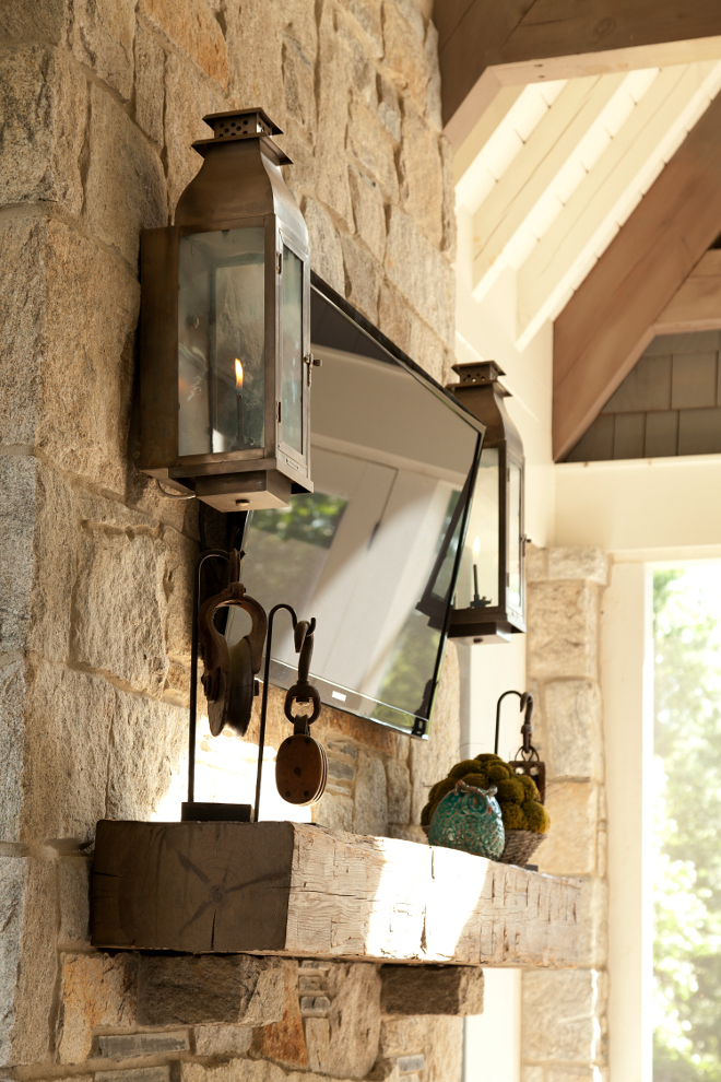 Fieplace timber. The stone fireplace features reclaimed timber mantel. Reclaimed timber mantel #timber #mantel #wood #reclaimed #fireplace T.S. Adams Studio. Interiors by Mary McWilliams from Mary Mac & Co.