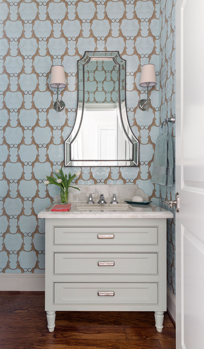 Powder room vanity cabinet. Powder room with dresser style vanity. Powder room with dresser style cabinet. #Powderroom #dresser #vanity #cabinet Heather Scott Home & Design